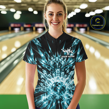 Custom Icy Cyan Crystal Ice Bowling League Quarter-Zip Shirt For Women, Bowling Jersey IPHW12443