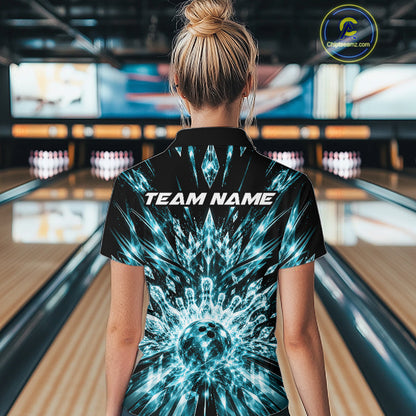 Custom Icy Cyan Crystal Ice Bowling League Quarter-Zip Shirt For Women, Bowling Jersey IPHW12443