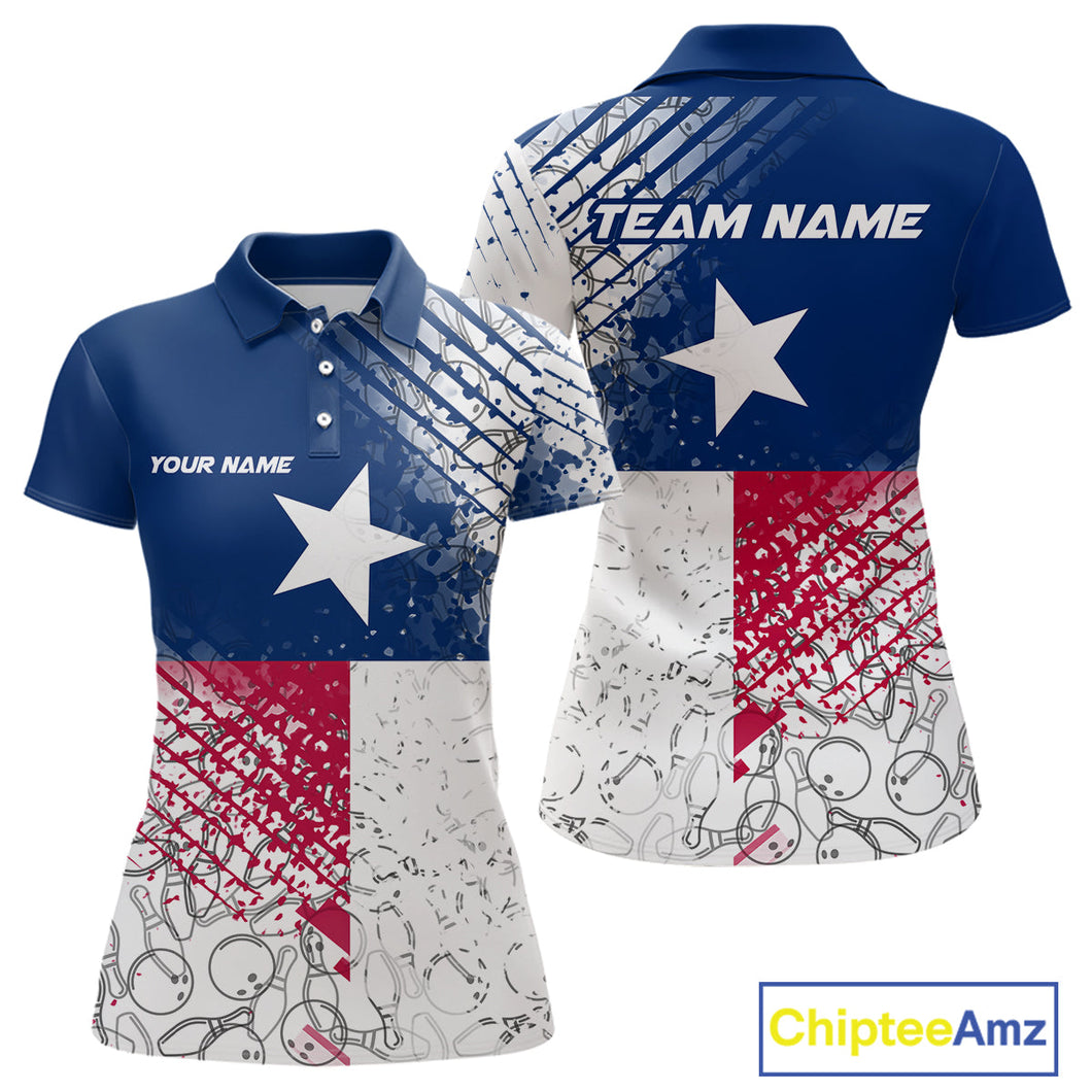 Custom Grunge Texas Flag Bowling Team Women Polo Shirt, Texas Bowling Tournament Shirt IPHW9633