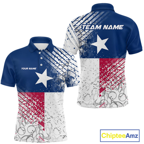 Custom Grunge Texas Flag Bowling Team Polo Shirts For Men, Texas Bowling Tournament Shirt IPHW9633