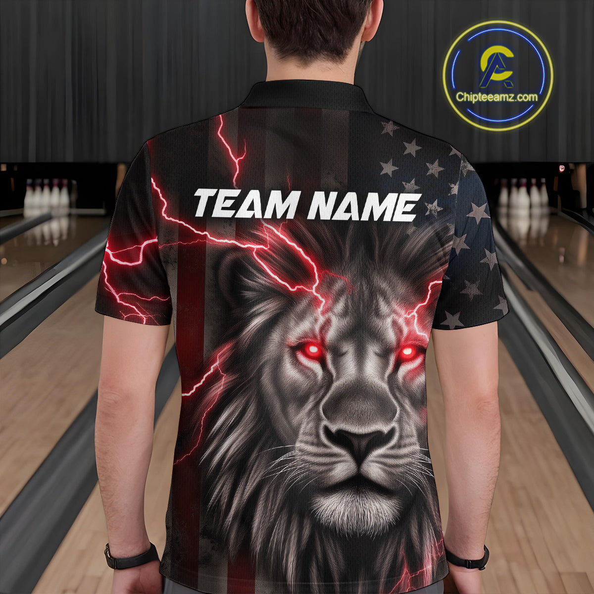 Custom Red Thunder Lightning Patriotic Lion Polo Shirts For Men, US Flag Bowling Jerseys IPHW9319