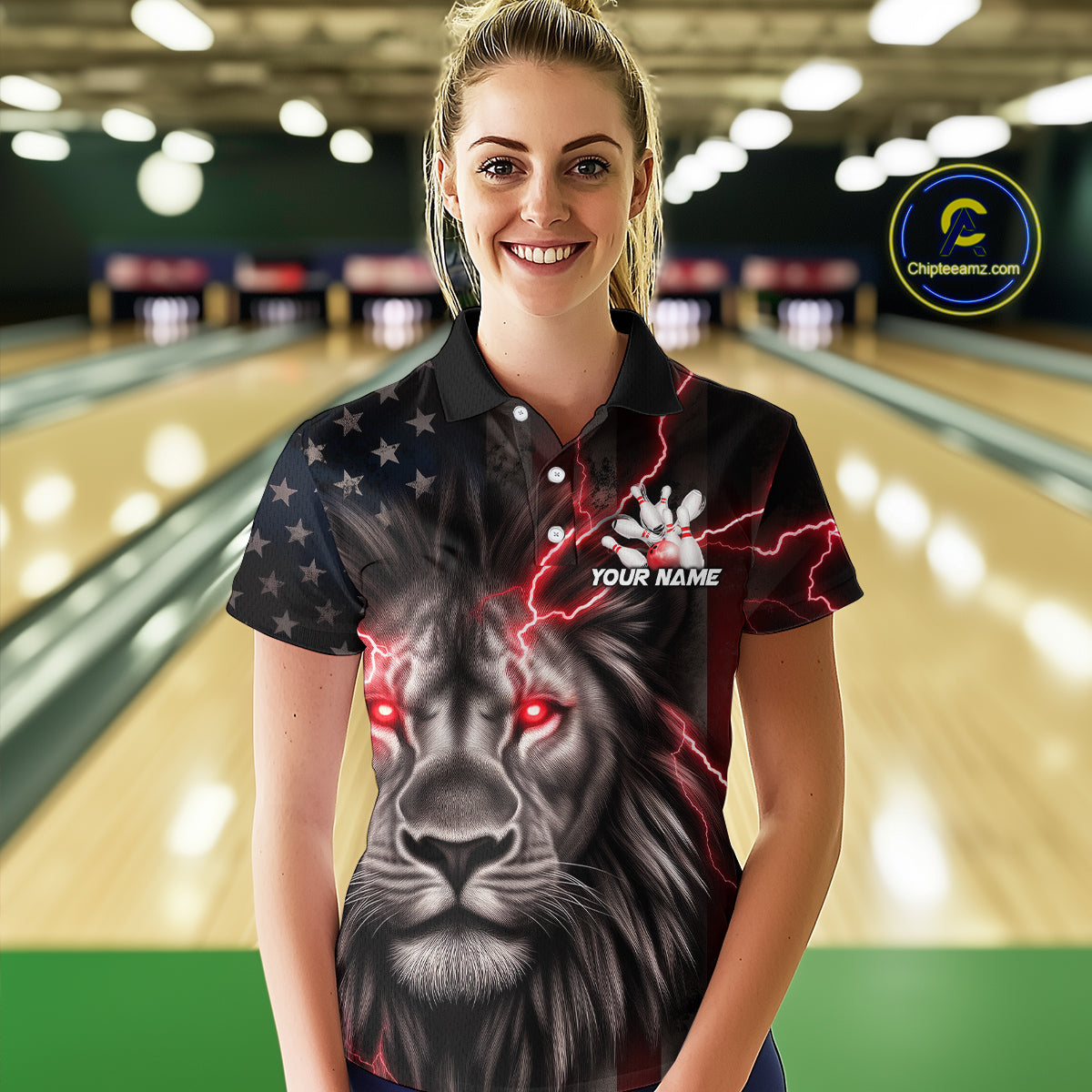 Custom Red Thunder Lightning Patriotic Lion Women Polo Shirts, US Flag Bowling Jerseys IPHW9319