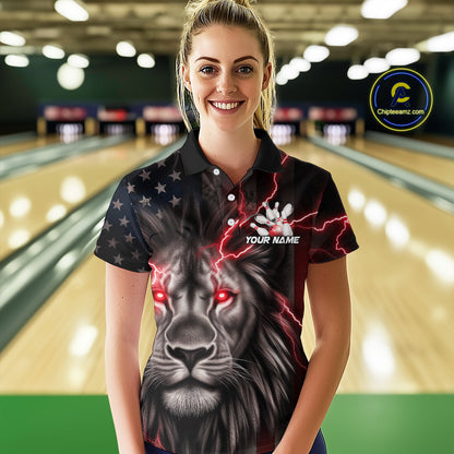 Custom Red Thunder Lightning Patriotic Lion Women Polo Shirts, US Flag Bowling Jerseys IPHW9319