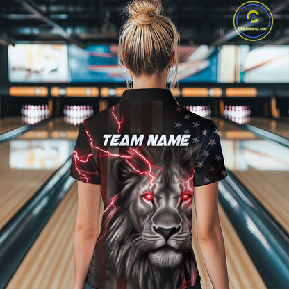 Custom Red Thunder Lightning Patriotic Lion Women Polo Shirts, US Flag Bowling Jerseys IPHW9319