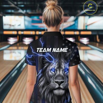 Custom Blue Thunder Lightning Patriotic Lion Women Polo Shirts, US Flag Bowling Jerseys IPHW9320