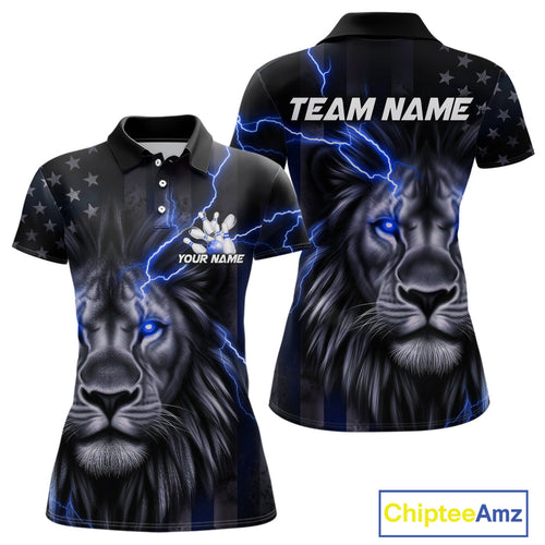 Custom Blue Thunder Lightning Patriotic Lion Women Polo Shirts, US Flag Bowling Jerseys IPHW9320