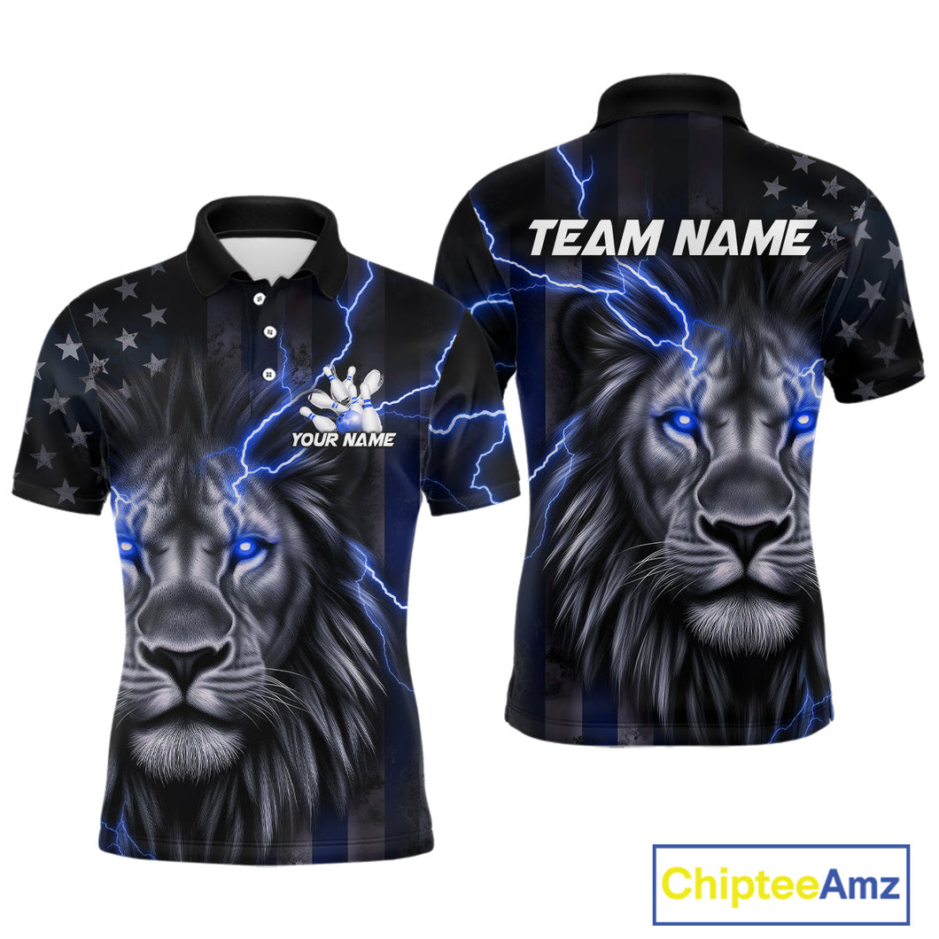 Custom Blue Thunder Lightning Patriotic Lion Polo Shirts For Men, US Flag Bowling Jerseys IPHW9320