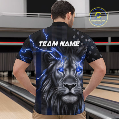 Custom Blue Thunder Lightning Patriotic Lion Quarter-Zip Shirts For Men, US Flag Bowling Jerseys IPHW9320
