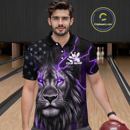 Custom Purple Thunder Lightning Patriotic Lion Polo Shirts For Men, US Flag Bowling Jerseys IPHW9321