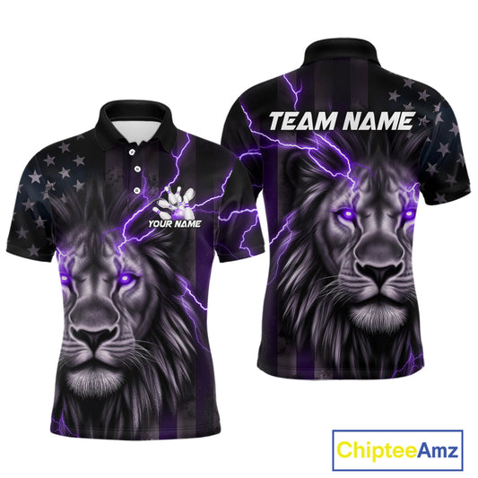 Custom Purple Thunder Lightning Patriotic Lion Polo Shirts For Men, US Flag Bowling Jerseys IPHW9321