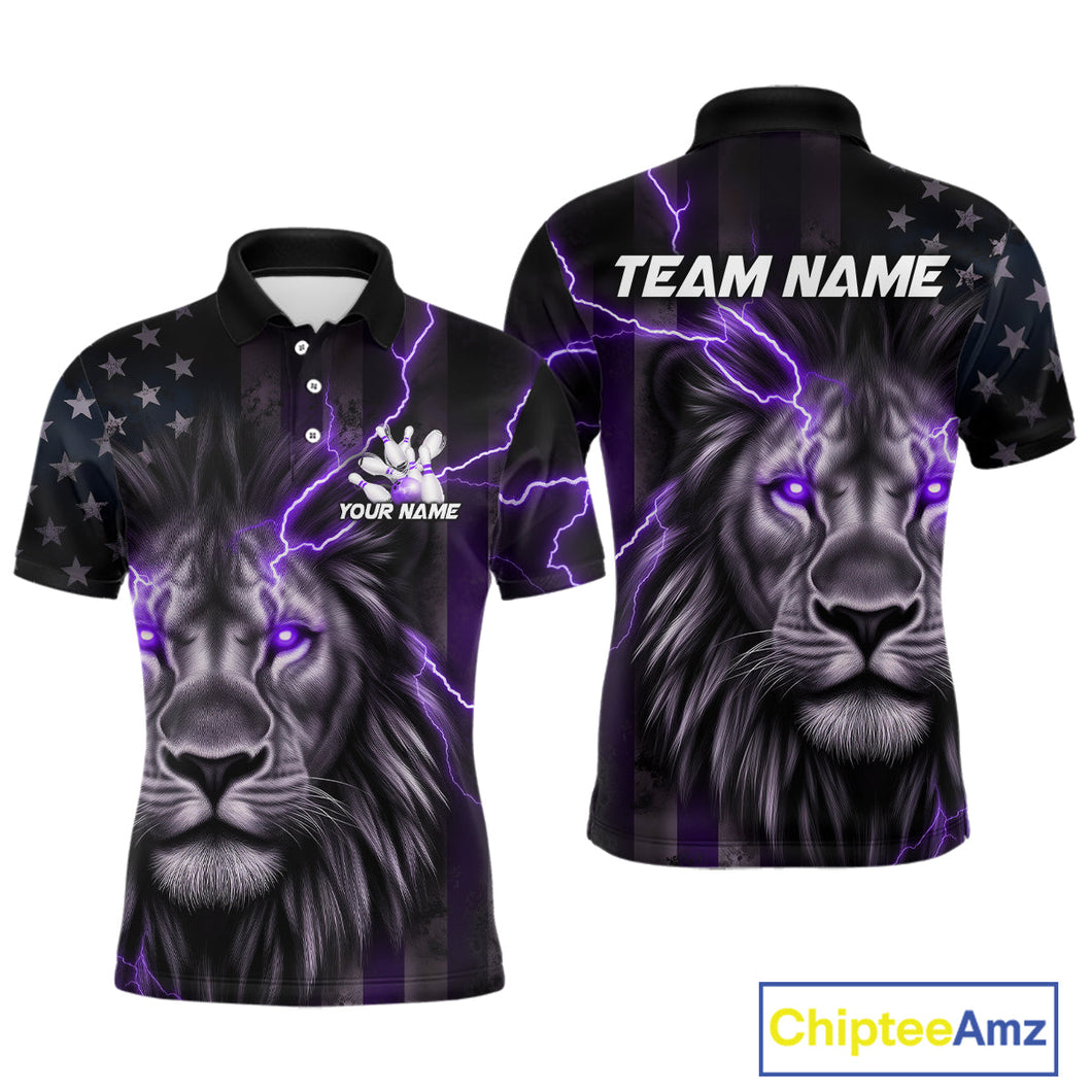 Custom Purple Thunder Lightning Patriotic Lion Polo Shirts For Men, US Flag Bowling Jerseys IPHW9321