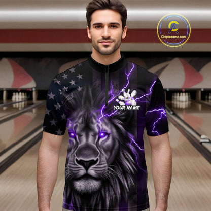 Custom Purple Thunder Lightning Patriotic Lion Quarter-Zip Shirt For Men, US Flag Bowling Jerseys IPHW9321