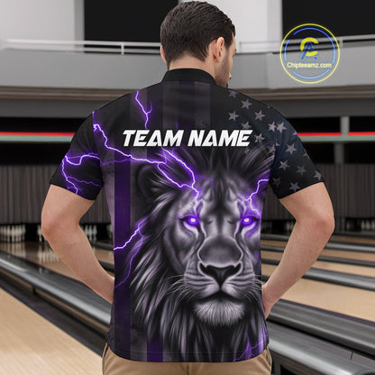 Custom Purple Thunder Lightning Patriotic Lion Quarter-Zip Shirt For Men, US Flag Bowling Jerseys IPHW9321
