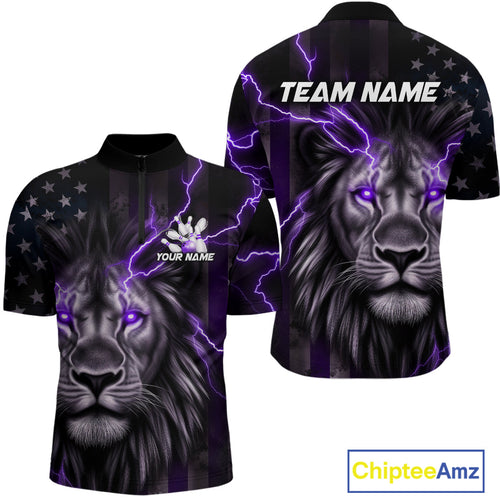 Custom Purple Thunder Lightning Patriotic Lion Quarter-Zip Shirt For Men, US Flag Bowling Jerseys IPHW9321