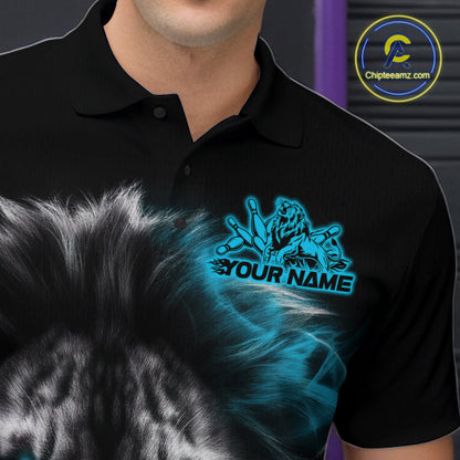 Custom Black And Blue Lion Bowling Polo Team Shirts For Men, Lion Bowling Jerseys IPHW9329