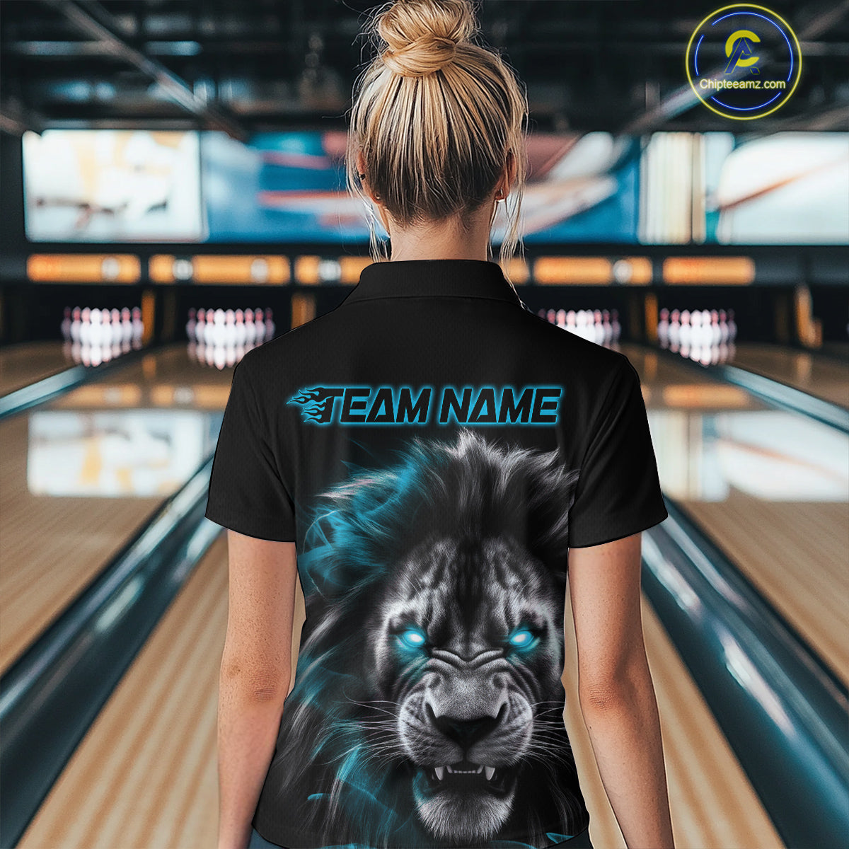 Custom Black And Blue Lion Bowling Polo Team Shirts For Women, Lion Bowling Jerseys IPHW9329