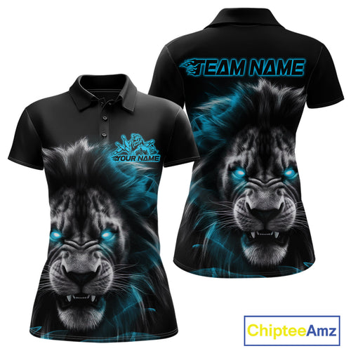 Custom Black And Blue Lion Bowling Polo Team Shirts For Women, Lion Bowling Jerseys IPHW9329