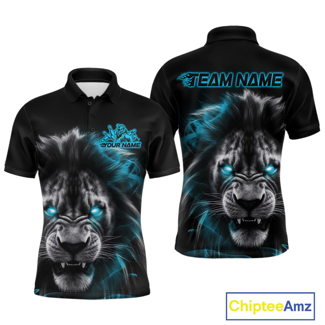 Custom Black And Blue Lion Bowling Polo Team Shirts For Men, Lion Bowling Jerseys IPHW9329