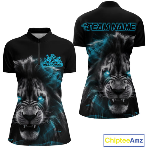 Custom Black And Blue Lion Bowling Quarter-Zip Team Shirt For Women, Lion Bowling Jersey IPHW9329