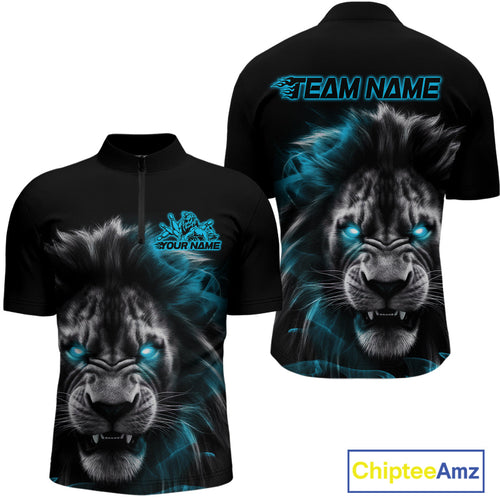 Custom Black And Blue Lion Bowling Quarter-Zip Team Shirts For Men, Lion Bowling Jerseys IPHW9329
