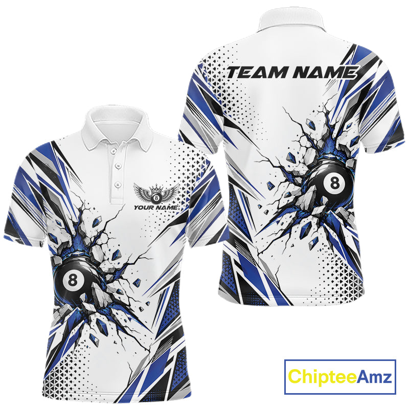 Custom White And Blue 8 Ball Billiard Jersey, Billiard Impact Men Polo Shirt Team Outfit IPHW12508
