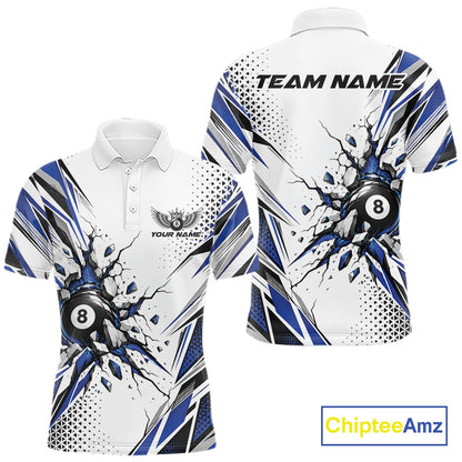 Custom White And Blue 8 Ball Billiard Jersey, Billiard Impact Men Polo Shirt Team Outfit IPHW12508