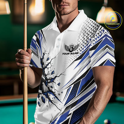 Custom White And Blue 8 Ball Billiard Jersey, Billiard Impact Men Polo Shirt Team Outfit IPHW12508