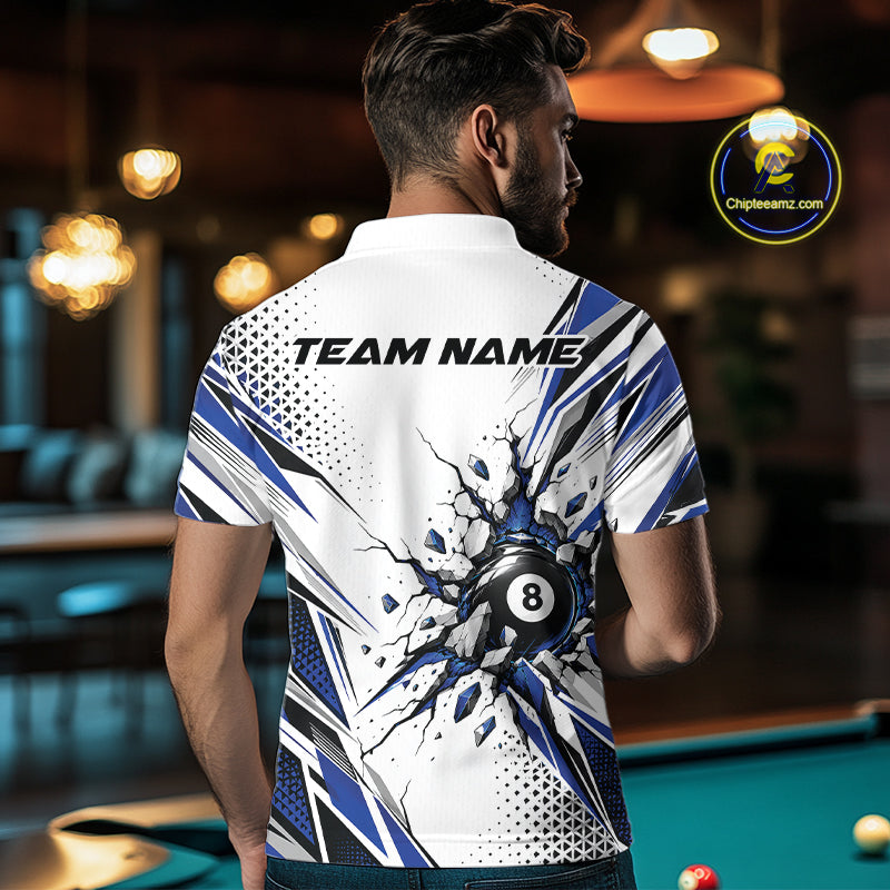 Custom White And Blue 8 Ball Billiard Jersey, Billiard Impact Men Polo Shirt Team Outfit IPHW12508