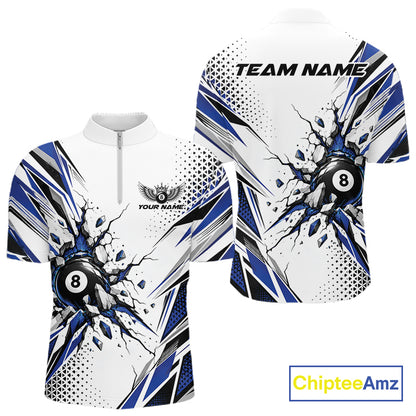 Custom White And Blue 8 Ball Billiard Jersey, Billiard Impact Men Quarter Zip Shirt Team Outfit IPHW12508