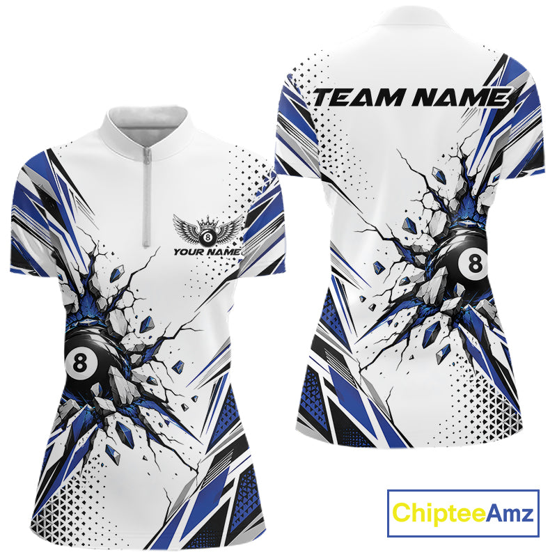 Custom White And Blue 8 Ball Billiard Jersey, Billiard Impact Women Quarter-Zip Shirt IPHW12508