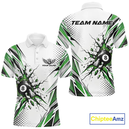 Custom White And Green 8 Ball Billiard Jersey, Billiard Impact Men Polo Shirt Team Outfit IPHW12509