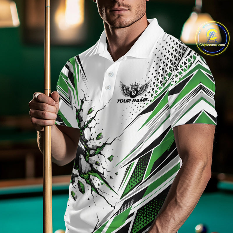 Custom White And Green 8 Ball Billiard Jersey, Billiard Impact Men Polo Shirt Team Outfit IPHW12509