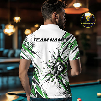 Custom White And Green 8 Ball Billiard Jersey, Billiard Impact Men Polo Shirt Team Outfit IPHW12509