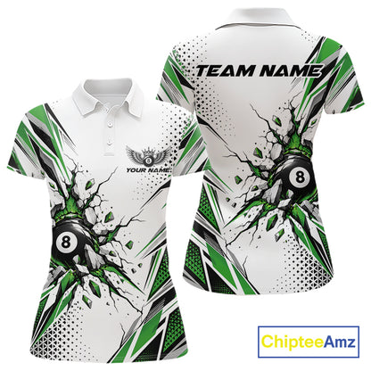 Custom White And Green 8 Ball Billiard Jersey, Billiard Impact Women Polo Shirt Team Outfit IPHW12509