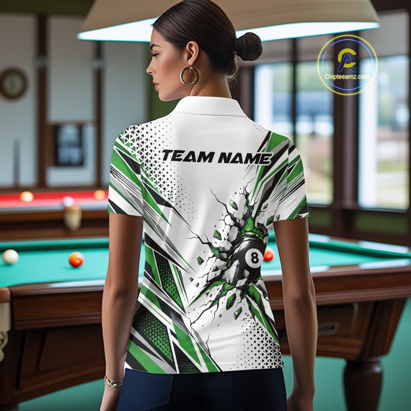 Custom White And Green 8 Ball Billiard Jersey, Billiard Impact Women Polo Shirt Team Outfit IPHW12509