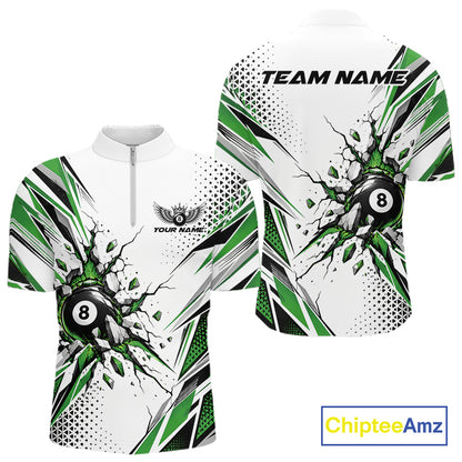 Custom White And Green 8 Ball Billiard Jersey, Billiard Impact Men Quarter Zip Shirt Team Outfit IPHW12509