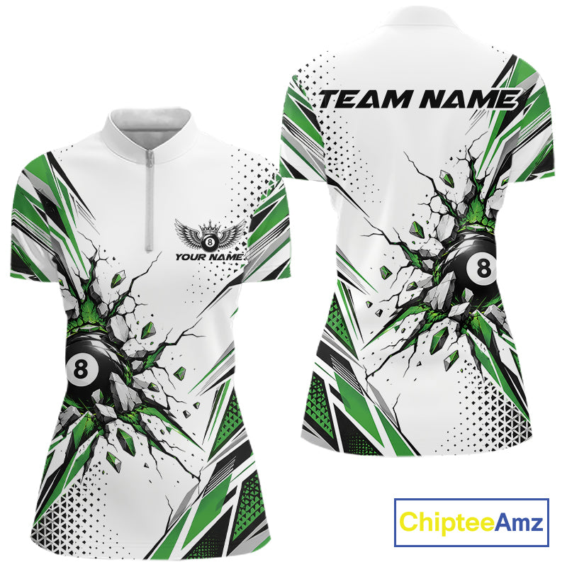 Custom White And Green 8 Ball Billiard Jersey, Billiard Impact Women Quarter-Zip Shirt IPHW12509