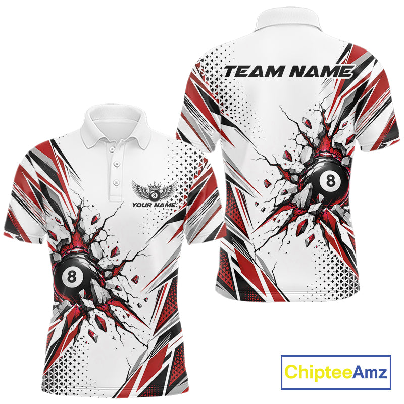 Custom White And Red 8 Ball Billiard Jersey, Billiard Impact Men Polo Shirt Team Outfit IPHW12510