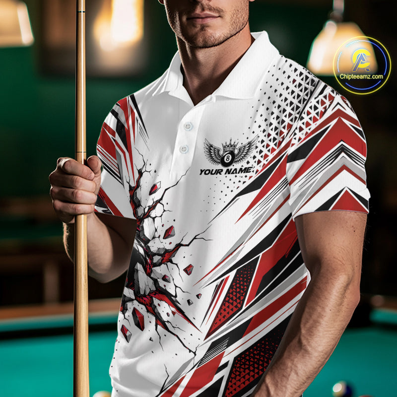Custom White And Red 8 Ball Billiard Jersey, Billiard Impact Men Polo Shirt Team Outfit IPHW12510