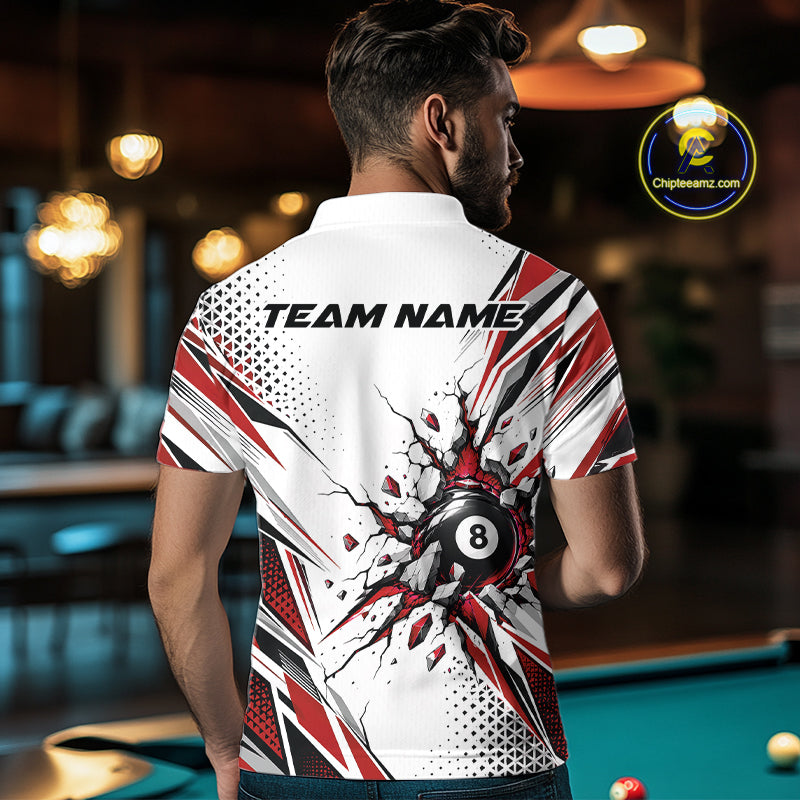 Custom White And Red 8 Ball Billiard Jersey, Billiard Impact Men Polo Shirt Team Outfit IPHW12510