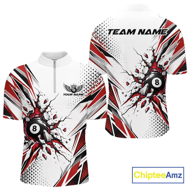 Custom White And Red 8 Ball Billiard Jersey, Billiard Impact Men Quarter Zip Shirt Team Outfit IPHW12510