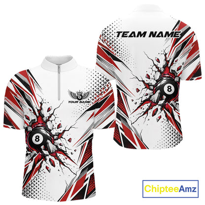Custom White And Red 8 Ball Billiard Jersey, Billiard Impact Men Quarter Zip Shirt Team Outfit IPHW12510