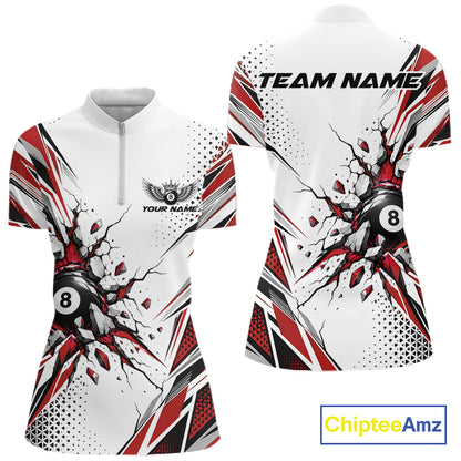 Custom White And Red 8 Ball Billiard Jersey, Billiard Impact Women Quarter-Zip Shirt IPHW12510