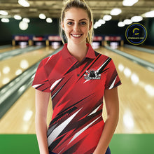 Load image into Gallery viewer, Woman wearing a red bowling shirt with a logo on a bowling alley background