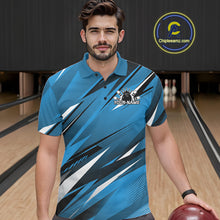 Load image into Gallery viewer, Man wearing a blue bowling shirt with personalized name on a bowling alley.