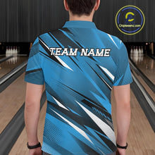 Load image into Gallery viewer, Person wearing a blue bowling shirt with 'TEAM NAME' text in a bowling alley.