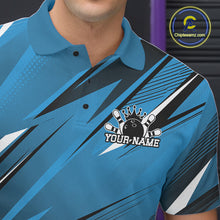 Load image into Gallery viewer, Blue bowling shirt with personalized design on a dark background