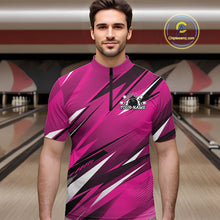 Load image into Gallery viewer, Man wearing a pink bowling shirt with a logo in a bowling alley.