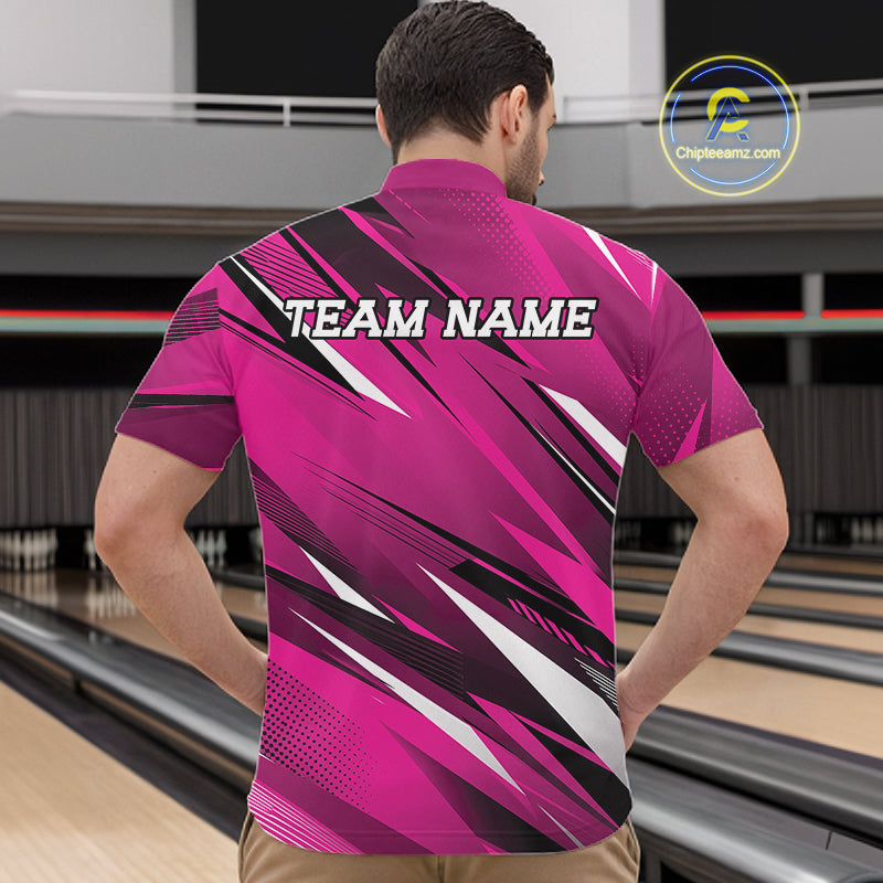 Person wearing a pink bowling shirt with 'TEAM NAME' text in a bowling alley.