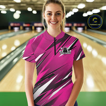 Load image into Gallery viewer, Woman wearing a pink bowling shirt with a logo in a bowling alley
